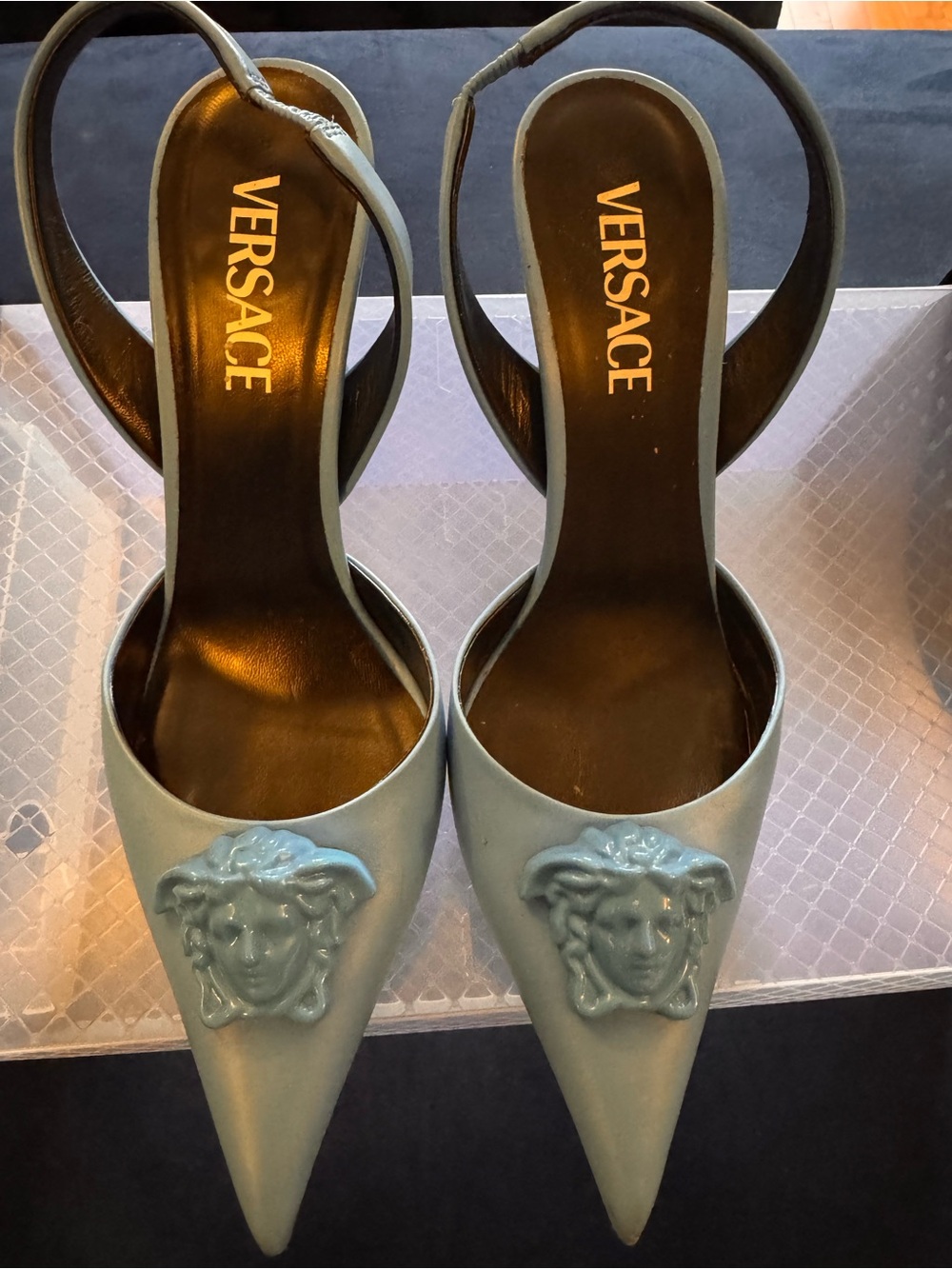 Versace Light Blue Medusa Pointed Slingback Pumps